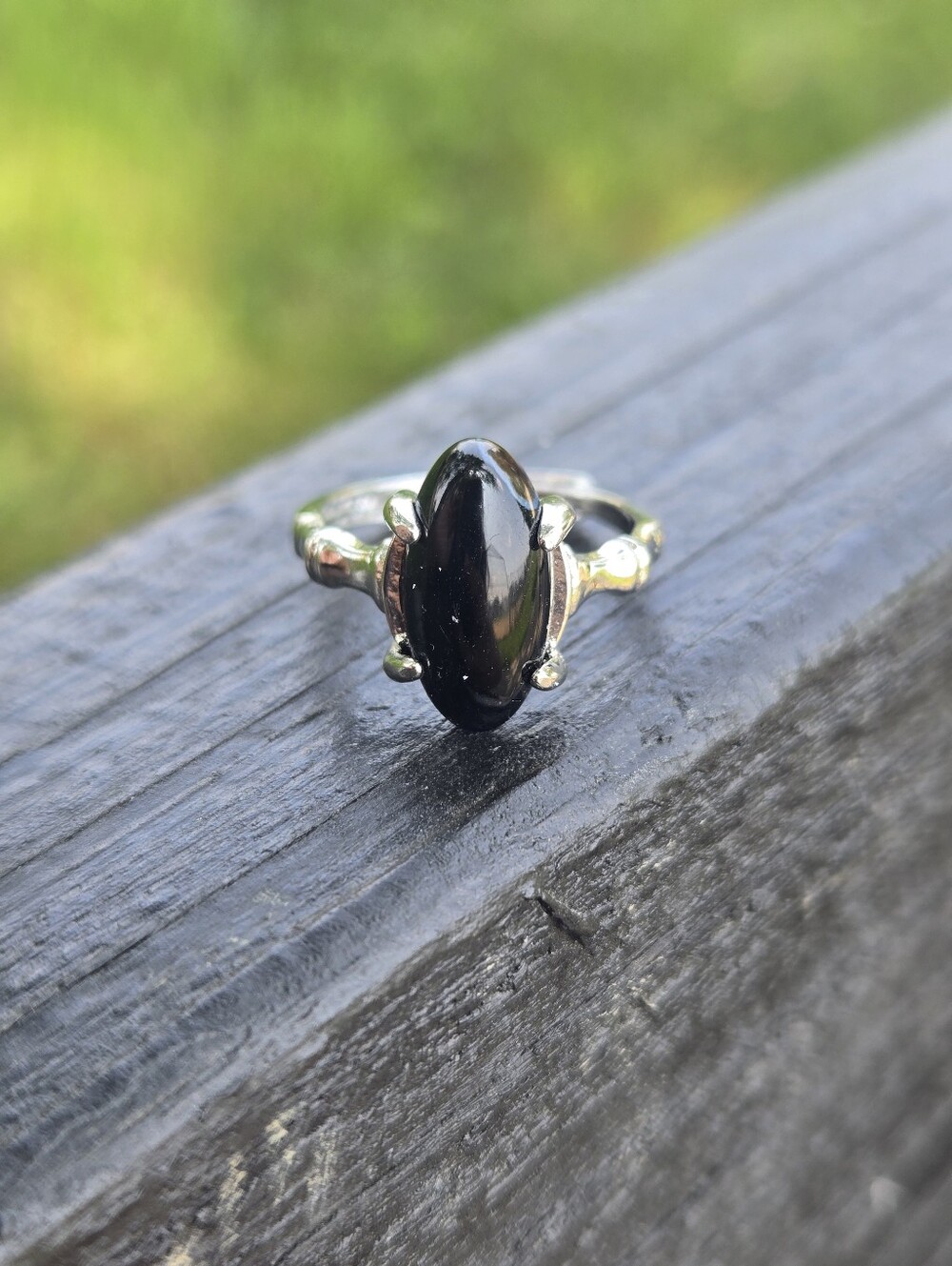 Black Obsidian Crown Marquise Ring Silver Adjustable